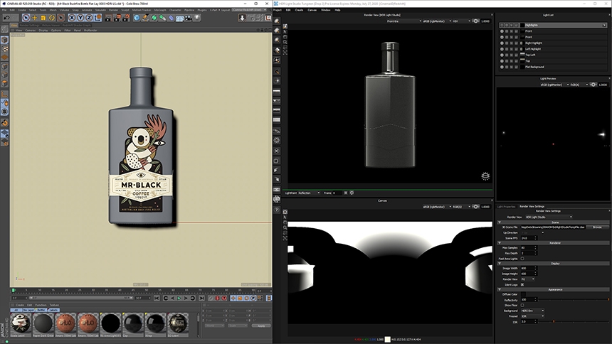 Mr Black 'Bushfire Appeal' Lighting Design. Cinema 4D on the left & HDR Light Studio on the right.