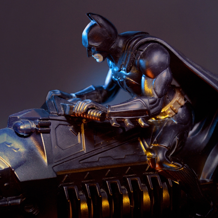 Detail of Batman with yellow and blue lighting