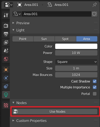 Setting up Blender area light to use a node network