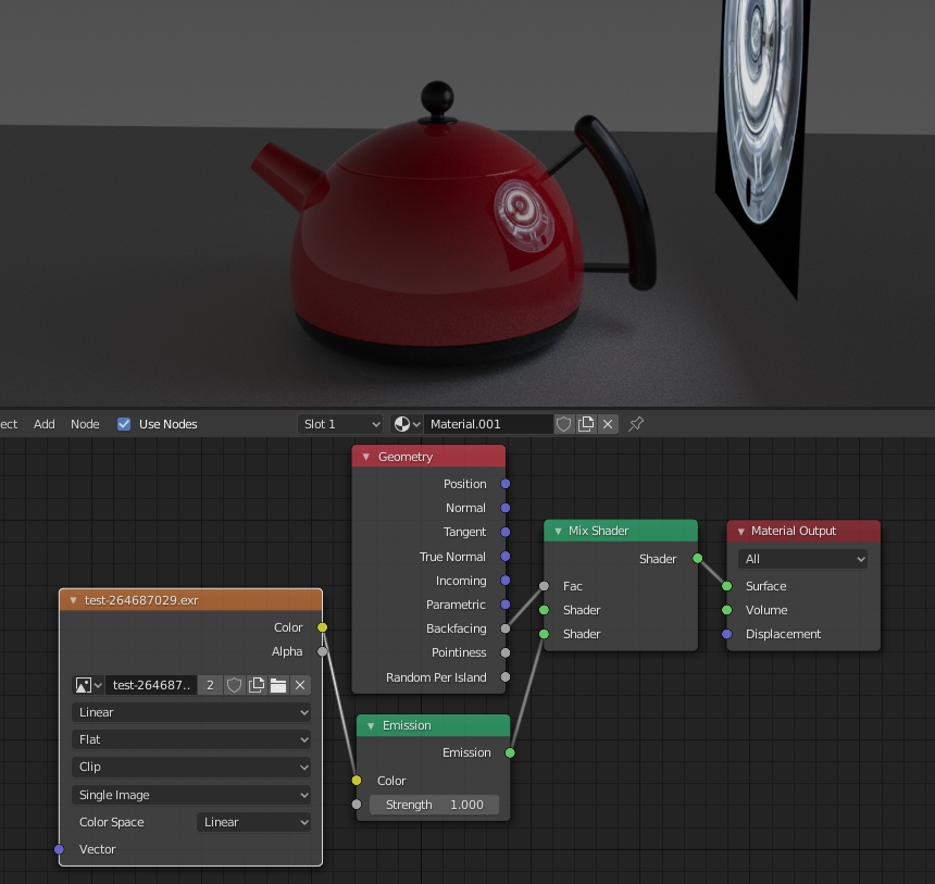 Node network for single-sided emitter, with texture, but is solid with black edges