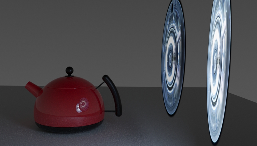 Render result with the nearest Blender mesh light solid and obscuring the other in the reflection 