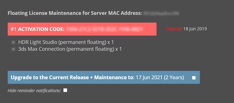 Screen grab from HDR Light Studio maintenance web page