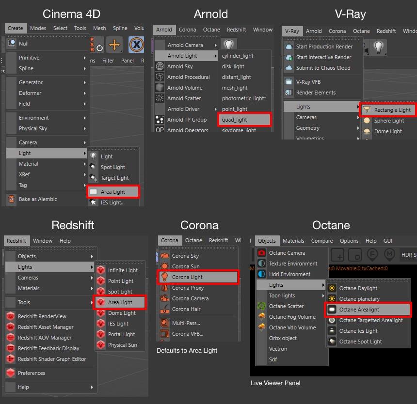 How to make an area light in Cinema 4D with Arnold, V-Ray, Redshift, Corona and Octane