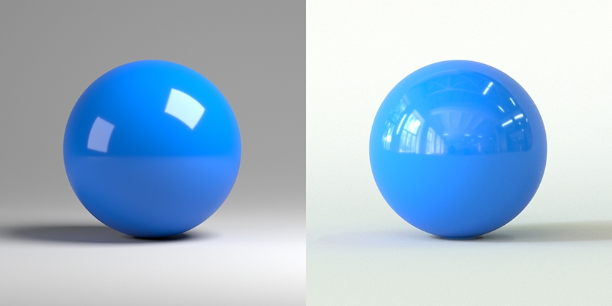 Left: Lit with 2 standard area lights set up manually   Right: Lit with a HDRI map