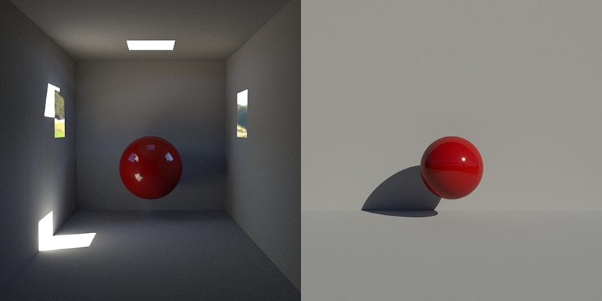 Left: HDRI map obscured by walls of the room   Right: Lit with same HDRI map with walls removed