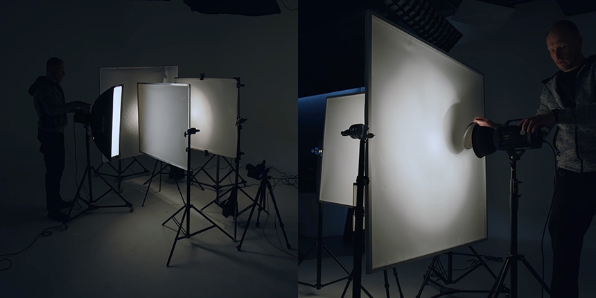 A real-world Scrim Light being set up in a photographer's studio.