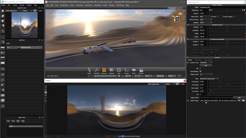 Motion blurred HDRI map with a depth map (Depth image controls how much each pixel is blurred on a HDRI Map)