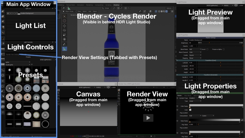 HDR Light Studio UI on a single display with Blender