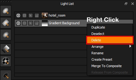 Right click and select Delete to delete a light in HDR Light Studio