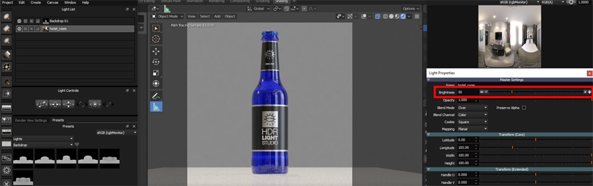 Changing HDRI map brightness in HDR Light Studio