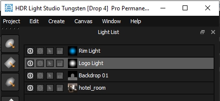 Light list in HDR Light Studio with a light selected