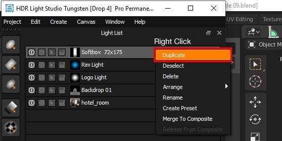 Right click to duplicate a light in HDR Light Studio