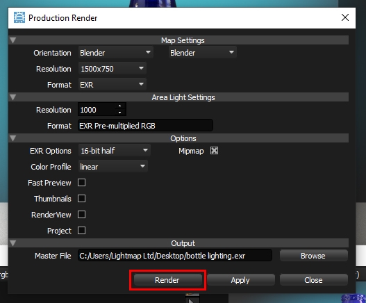 Render button in HDR Light Studio