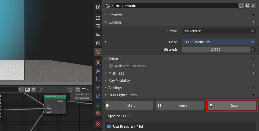 Stop HDR Light Studio button in Blender