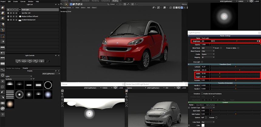 Adjusting the brightness, width and height of a light properties