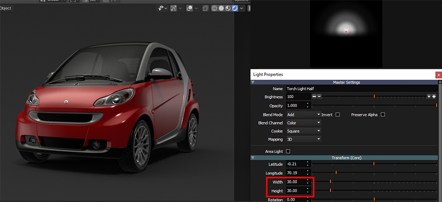 Adjusting the width and height of the light properties