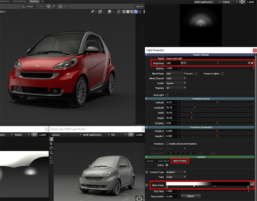 Light properties for a half light reflecting in the car