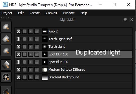 A duplicated light shown in the Light List in HDR Light Studio