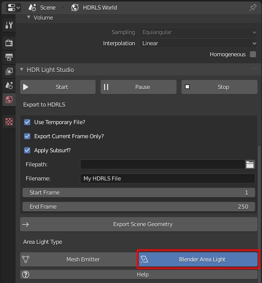 HDR Light Studio plugin panel settings - making standard Blender Area Lights