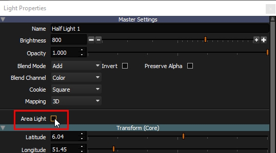 Enabling the Area Light setting in HDR Light Studio with Blender