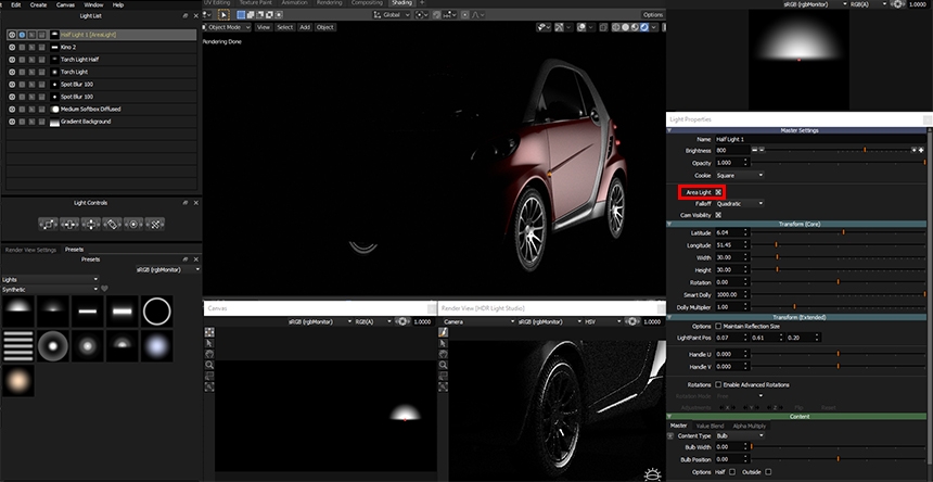 Enabling the area light setting in HDR Light Studio