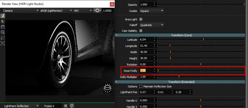 Adjusting the area light distance from the wheel