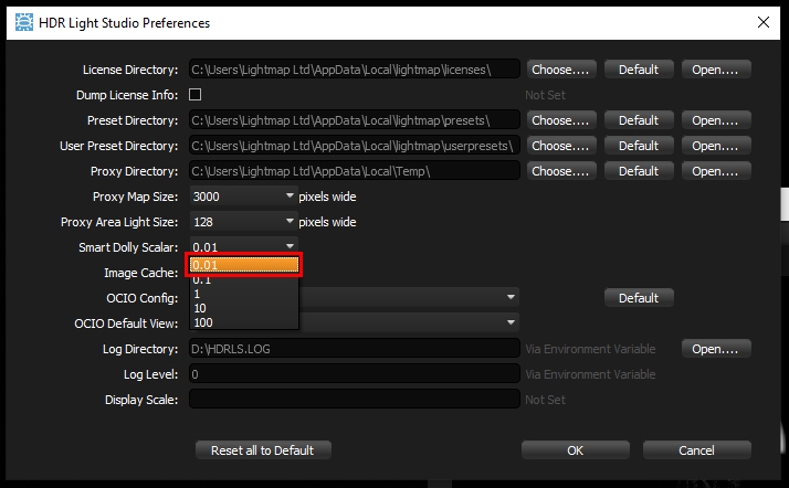 Adjusting the setting for Area Light distance scaling