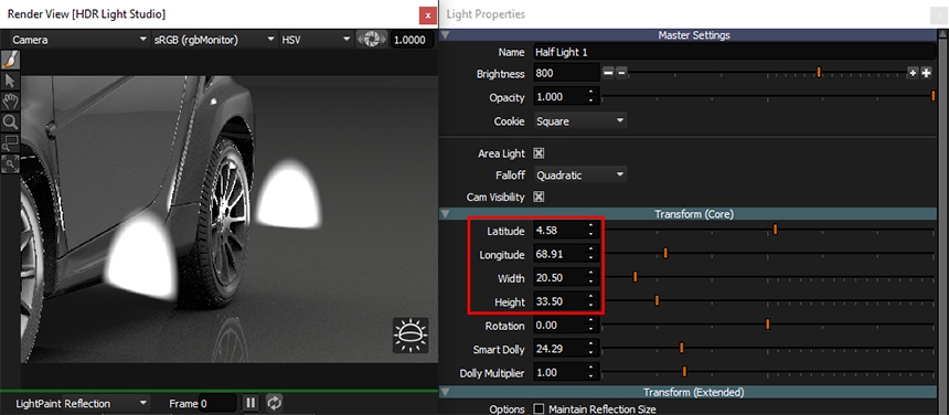 Changing the size and position of the area light in Blender