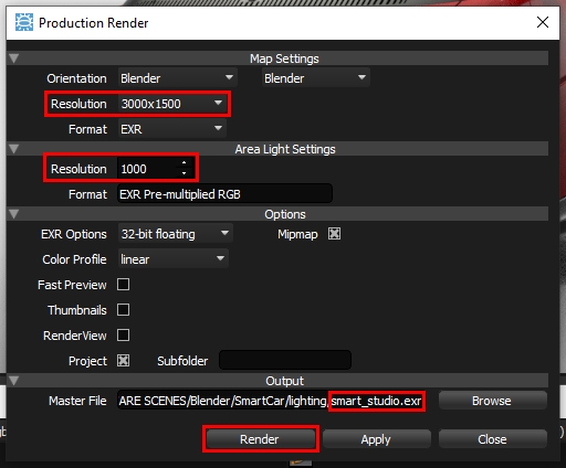 Production Render panel and settings in HDR Light Studio