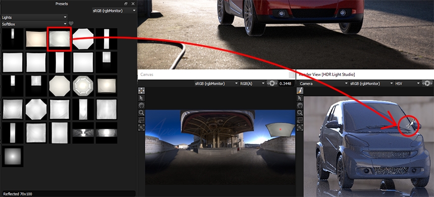 Dragging and dropping soft box preset light onto the car model in HDR Light Studio