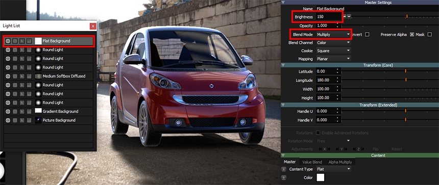 Adjusting the brightness of the whole HDRI map design using a flat background light with multiply blend mode