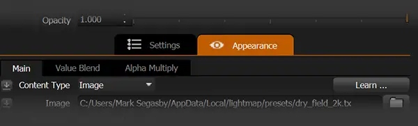 The Main, Value Blend and Alpha Multiply content tabs in the Appearance panel